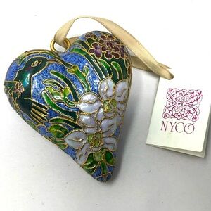 Vintage NYCO Puffy Heart Enameled Cloisonne Ornament Floral Hummingbird Garden
